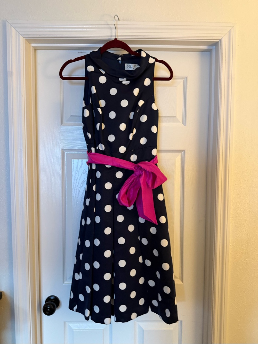 Eliza J Navy Polka Dot Midi Dress with Pink Sash SZ 4